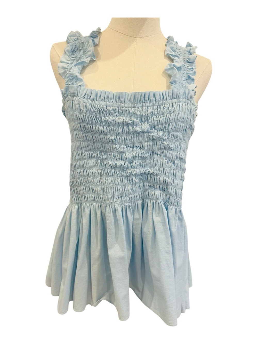 Lea and Viola Smocked Bodice Peplum Top in Sky Blue L